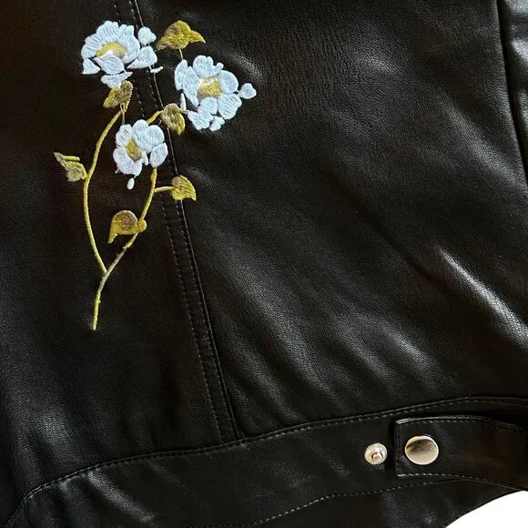 Christopher & Banks Black Faux Leather Jacket Floral Embroidery Snap Zip Large - Picture 10 of 16